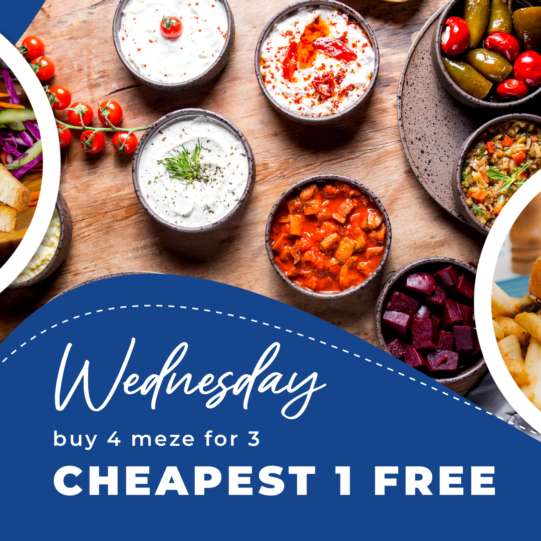 Wednesday: buy 4 meze, cheapest one free